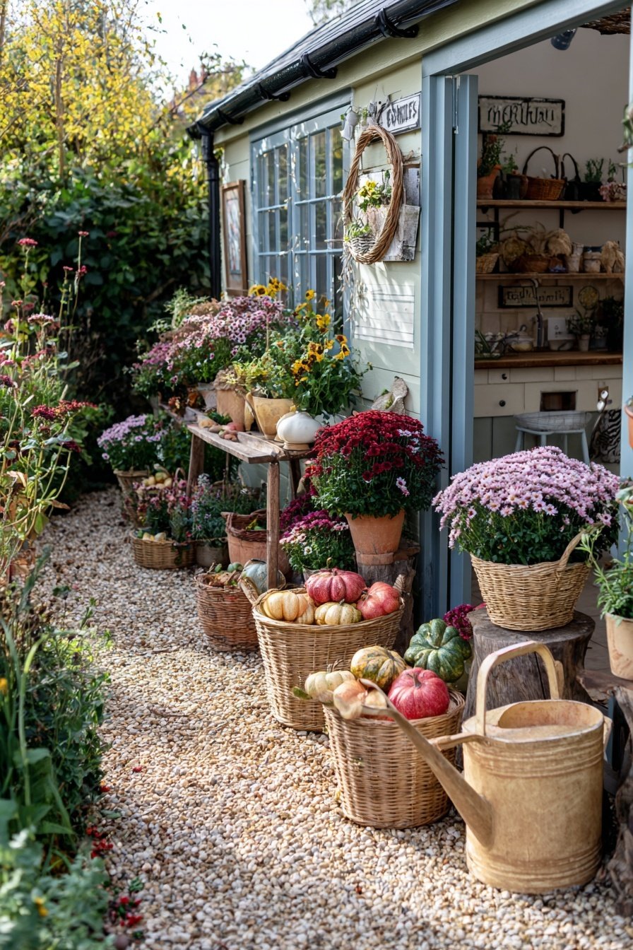 Blumendekorationen, Kürbisse und Körbe vor einem Landhaus im herbstlichen Bauerngarten