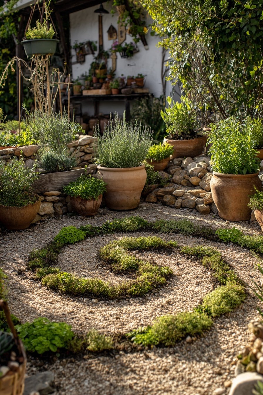 Kräuterspirale aus Kies und Grünpflanzen umgeben von Tontöpfen im Bauerngarten