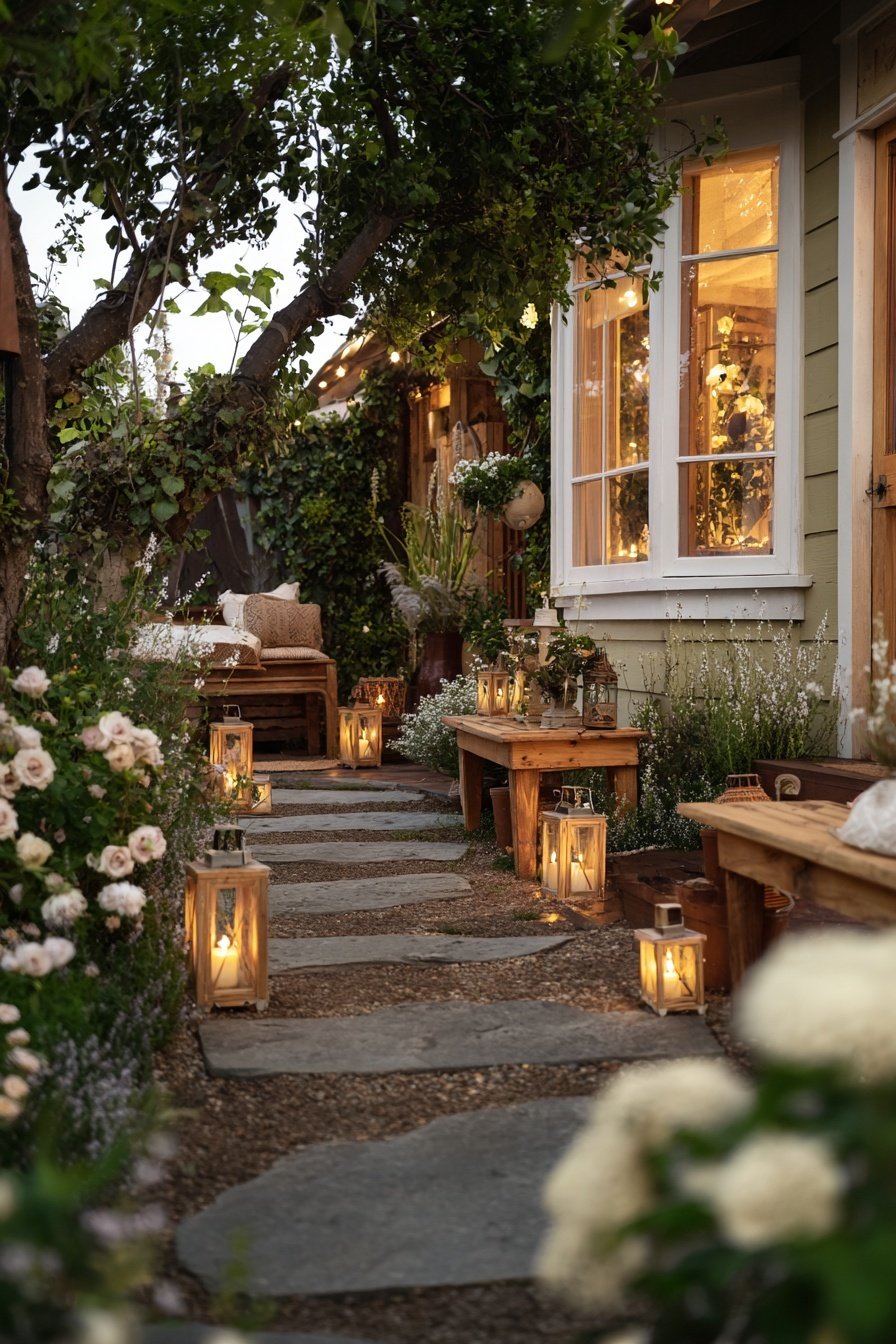 Ein mit Laternen gesäumter Weg im Bauerngarten bei Abendlicht