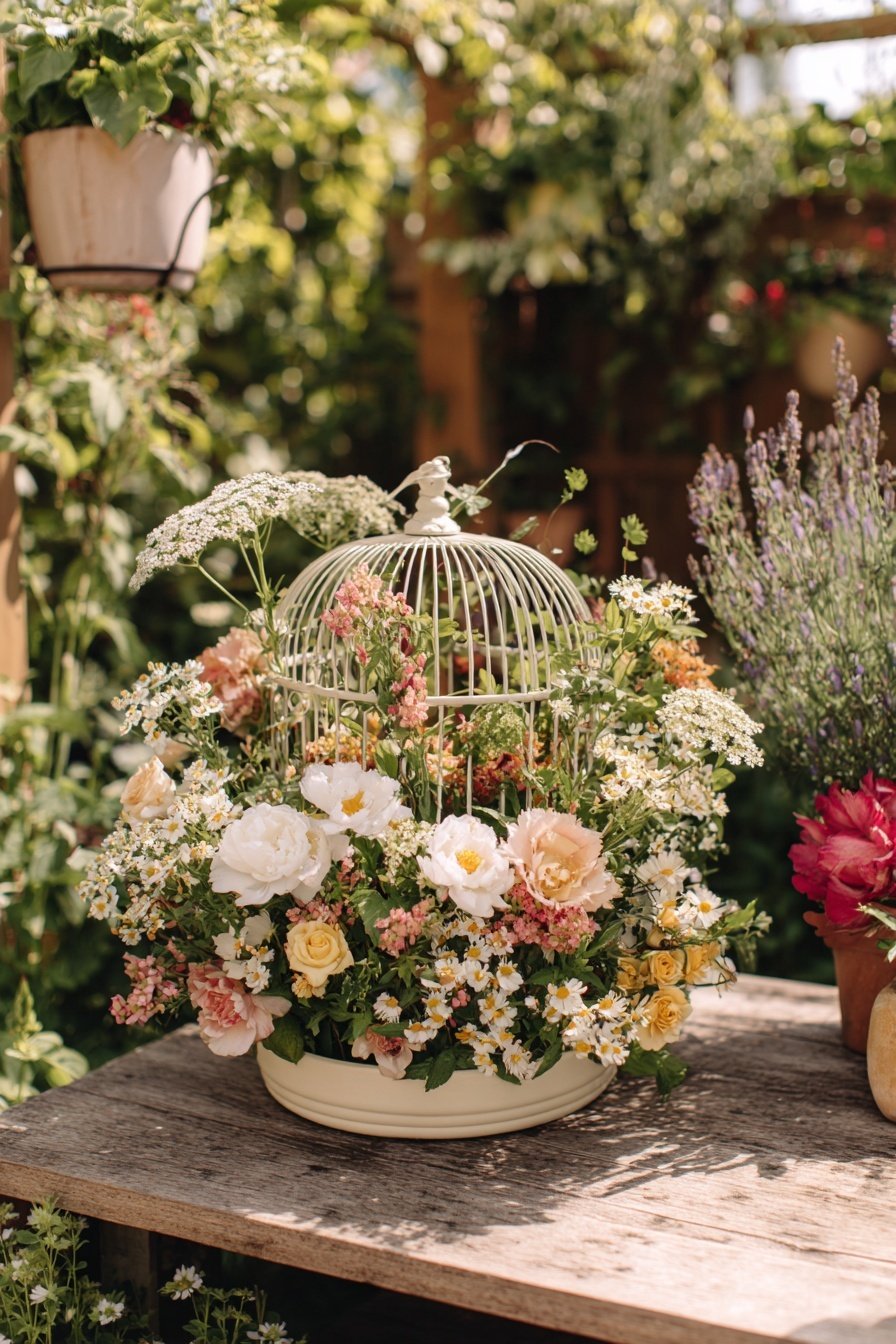 Blumengesteck mit Rosen und Wildblumen in Vintage-Vogelkäfig