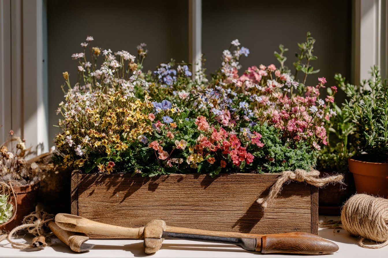 Blühende Blumen in Holzkiste mit Gartenwerkzeug