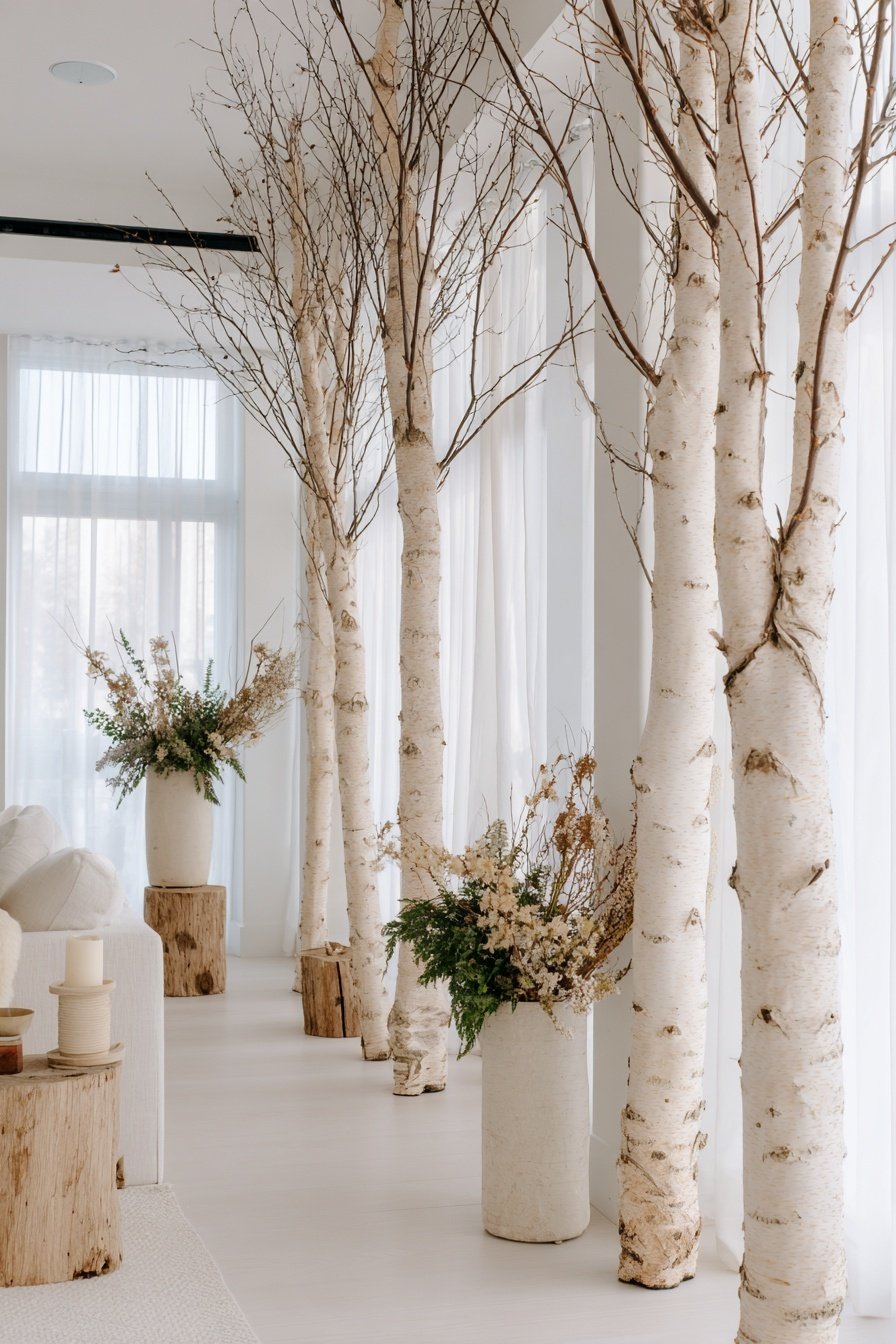 Innenraum mit dekorativen Birkenstämmen, Trockenblumen und hellen Naturtönen