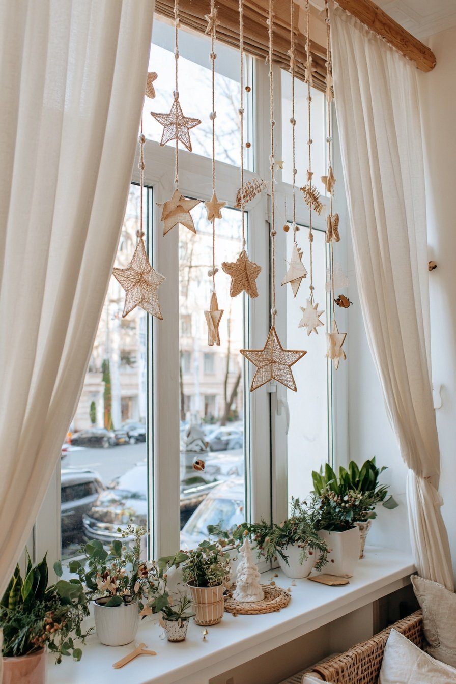 Fensterbrett mit Pflanzen und hängender Sternendeko aus Naturmaterialien
