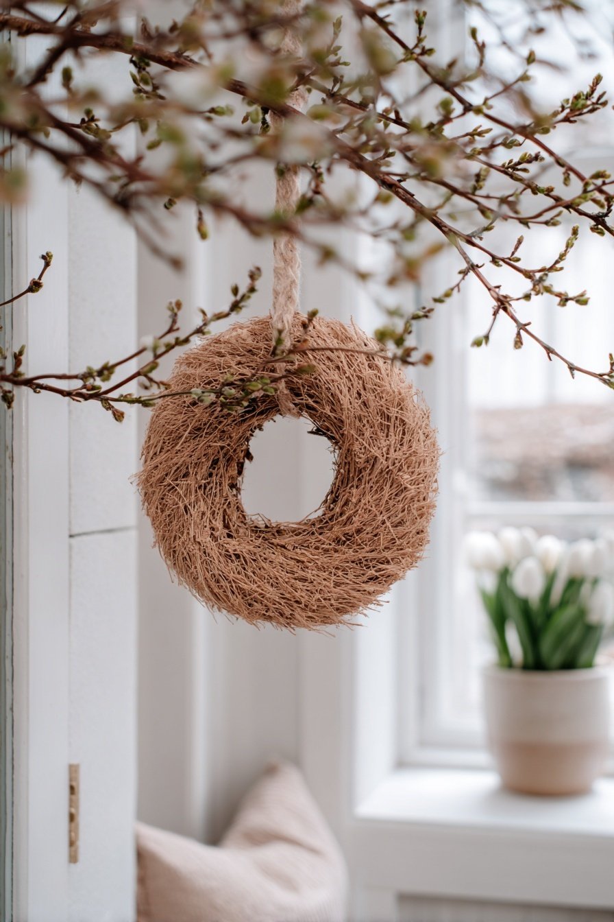 Ein geflochtener Naturkranz hängt an einem blühenden Zweig vor einem hellen Fenster mit weißen Tulpen