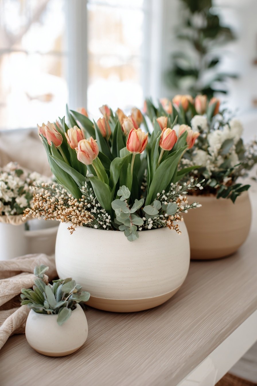 Tulpen und zarte Blüten in schlichten Keramiktöpfen vor einem Fenster dekoriert