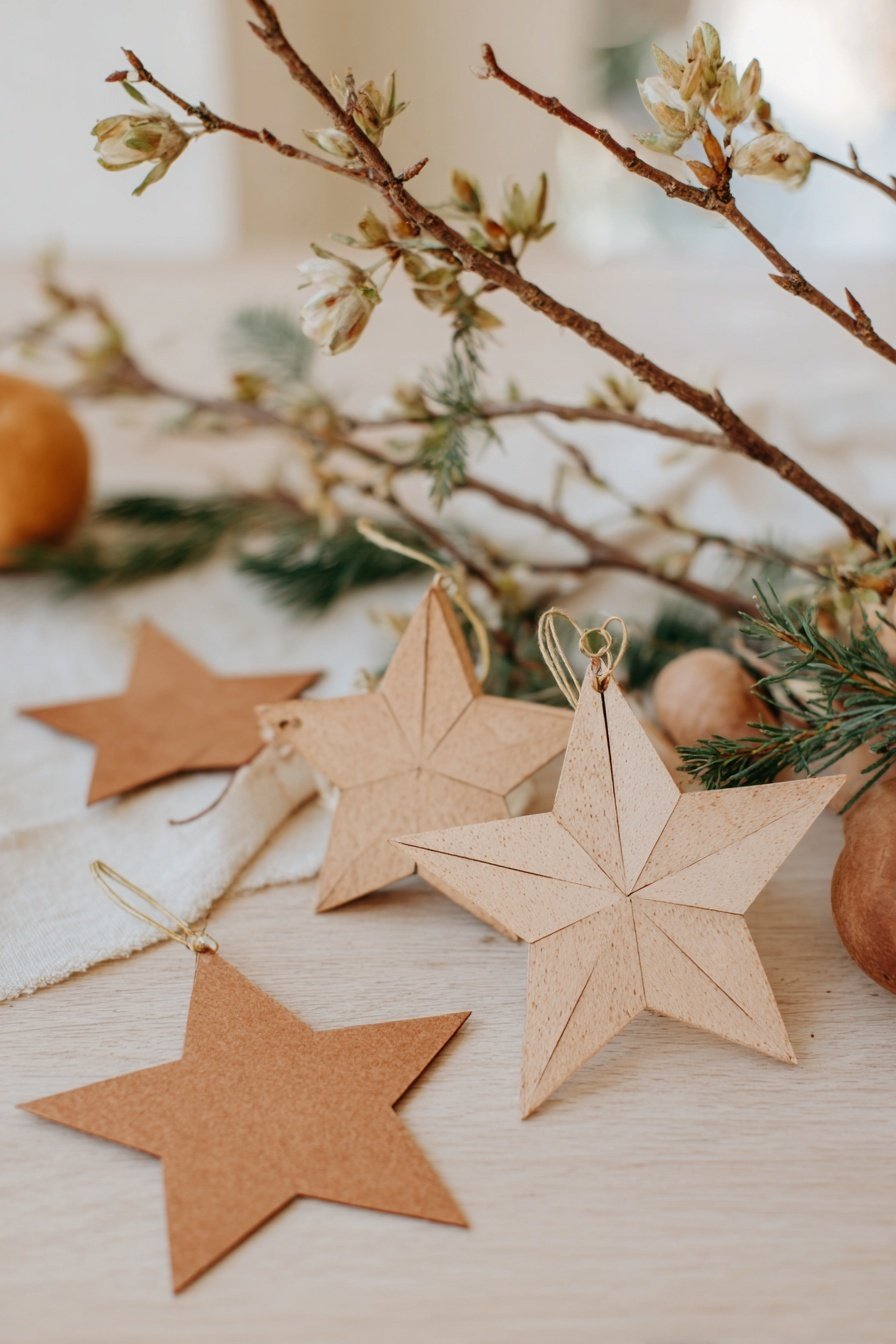 Holzsterne als Deko neben einem Zweig mit Knospen und Tannengrün