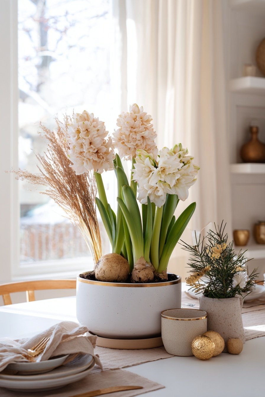 Hyazinthen in einem weißen Blumentopf mit goldenen Deko-Elementen auf einem Tisch