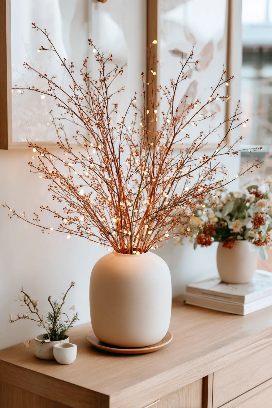 Zweige mit kleinen Lichtern in einer schlichten Vase auf einem Holzsideboard
