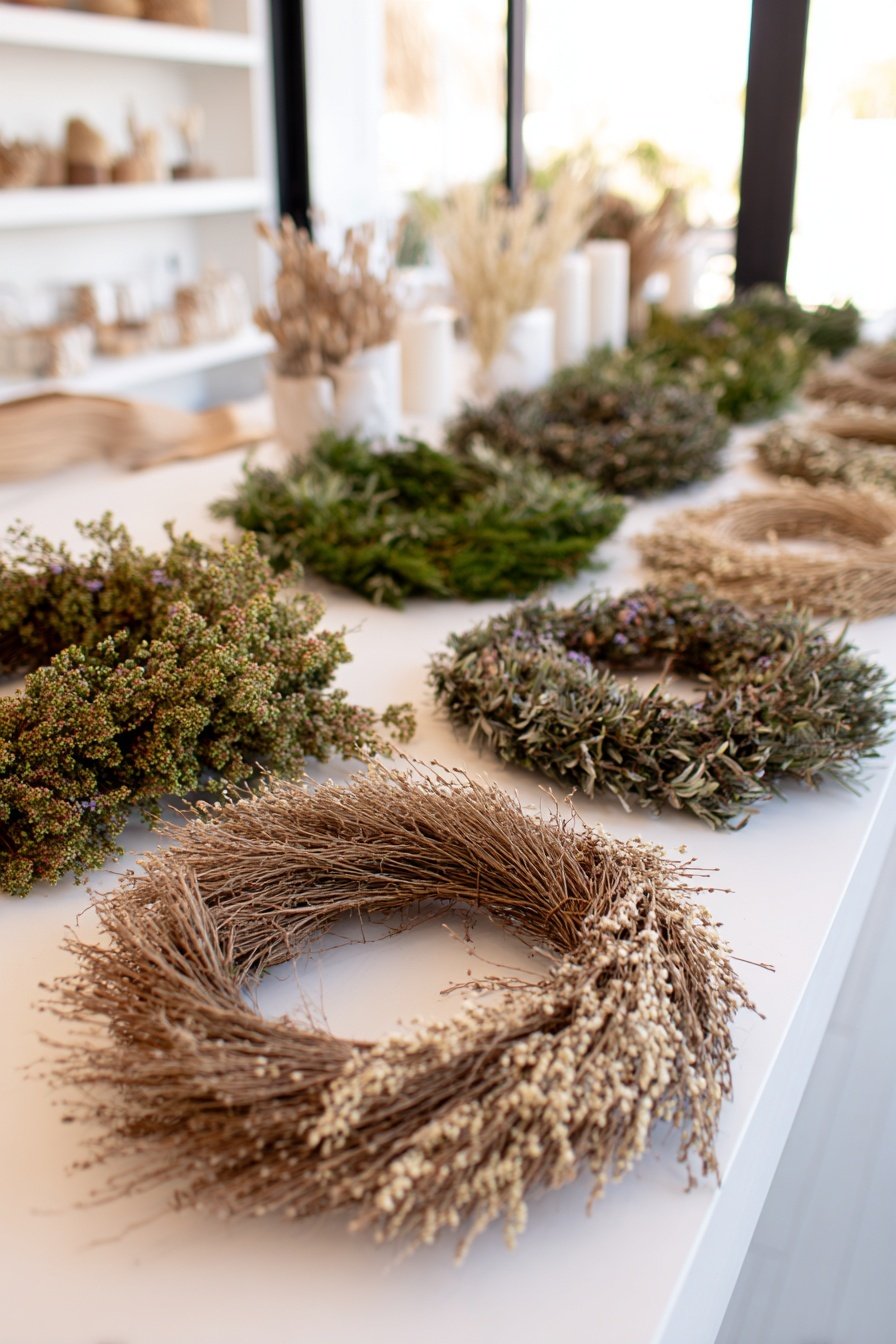 Tisch mit verschiedenen handgefertigten Trockenkränzen aus Zweigen und Naturmaterialien