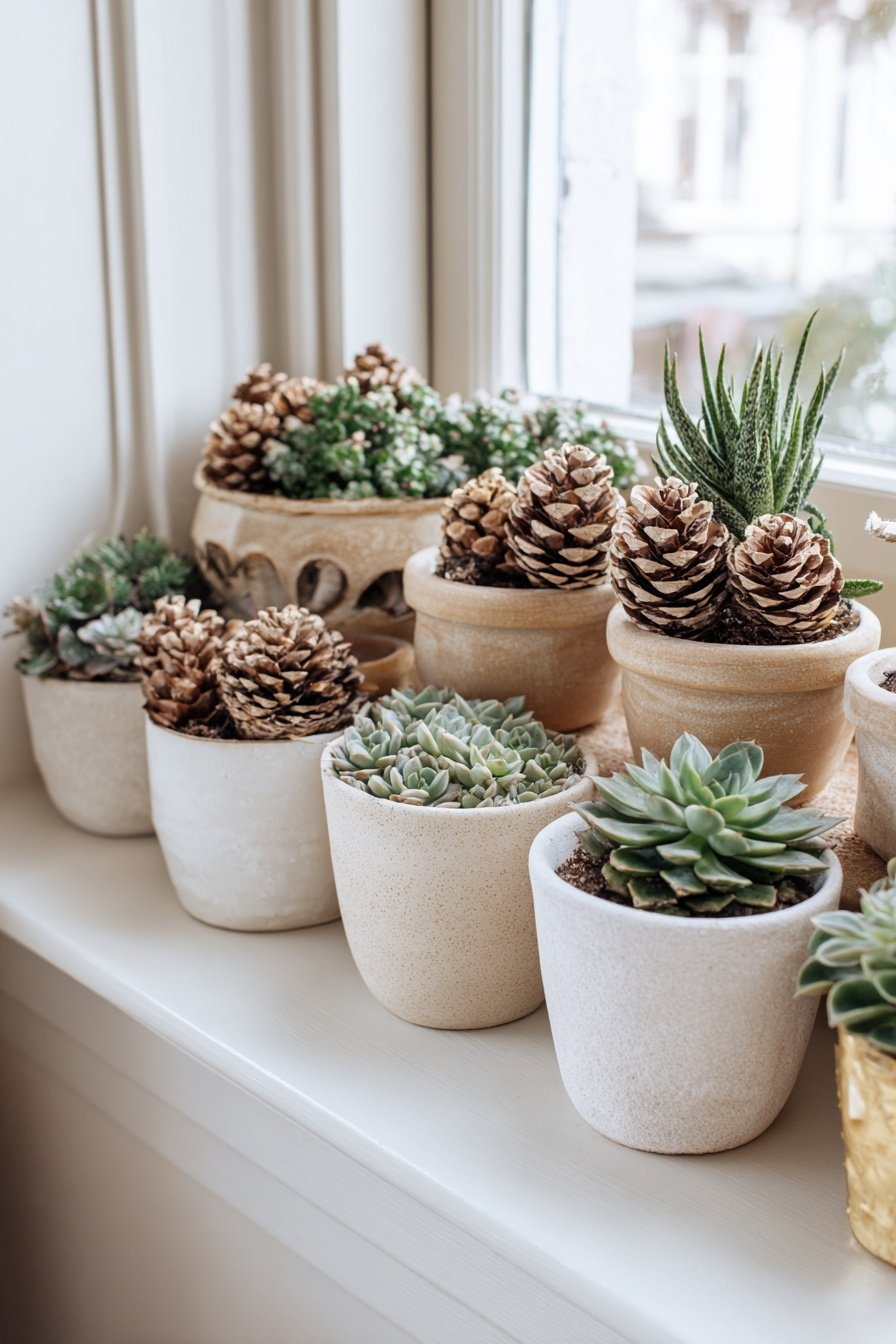 Tontöpfe mit Sukkulenten und Tannenzapfen auf einer Fensterbank