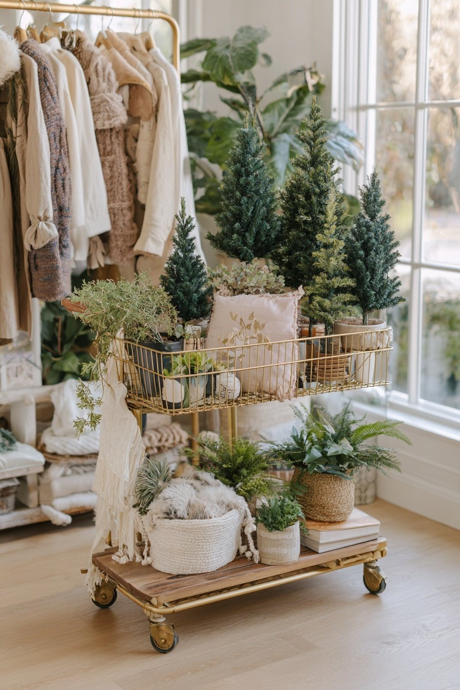 Ein goldener Rollwagen mit kleinen Tannenbäumchen, Zimmerpflanzen und weichen Textilien als saisonale Deko zwischen Winter und Frühling