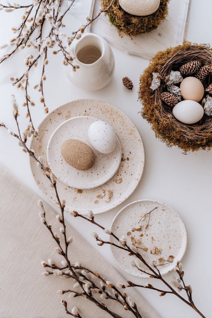 Frühlingshafte Tischdeko mit Eiern, Moosnestern und Weidenkätzchen