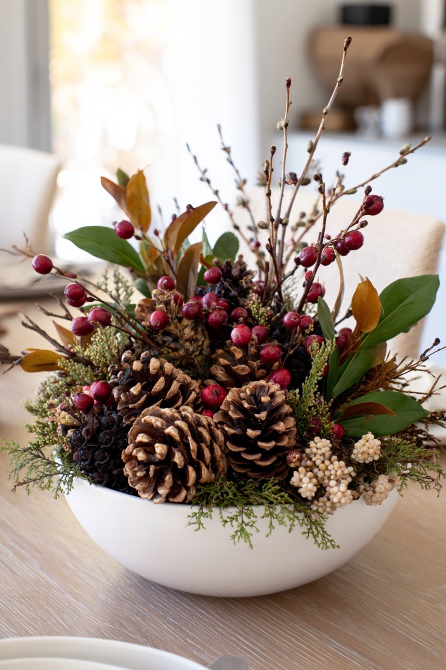 Dekoschale mit Zapfen, roten Beeren, Zweigen und Grün in weißer Keramikschale