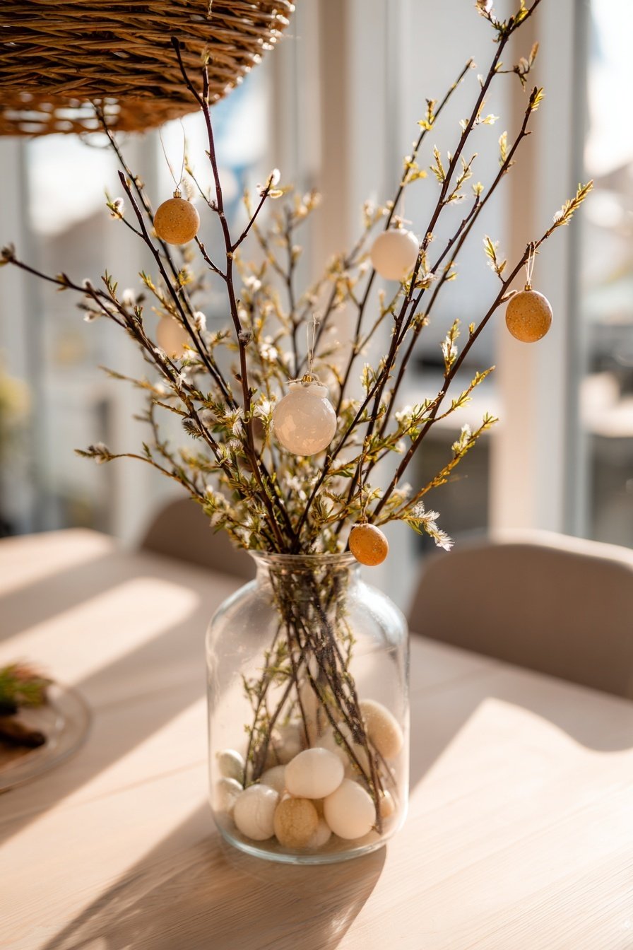 Blühende Zweige mit aufgehängten Deko-Eiern in einer Glasvase