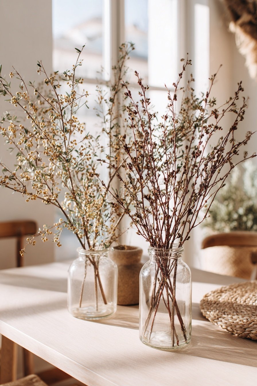 Zarte Zweige in schlichten Glasvasen auf einem hellen Holztisch vor einem Fenster