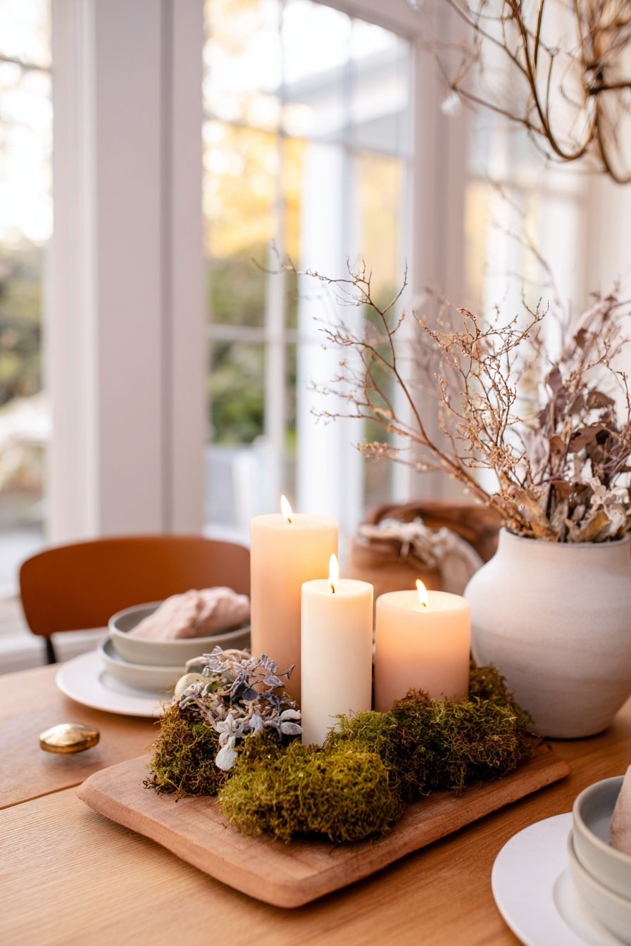 Stimmungsvolle Deko mit Kerzen, Moos und Trockenblumen auf einem Holzteller