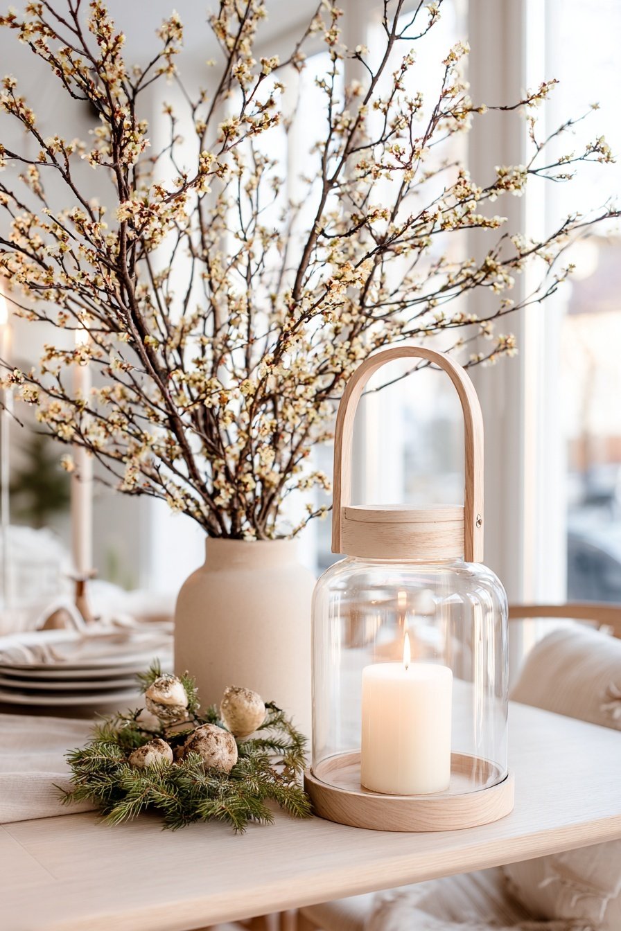 Kerze in Glaslaterne mit Frühlingszweigen und winterlichem Tannenschmuck auf einem hellen Holztisch