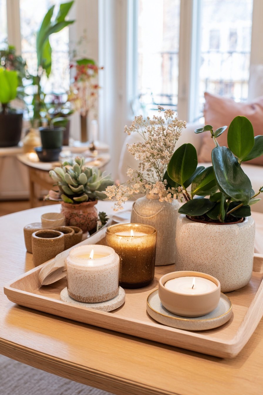 Kerzen und Zimmerpflanzen als Übergangsdeko auf einem Tablett im Wohnzimmer