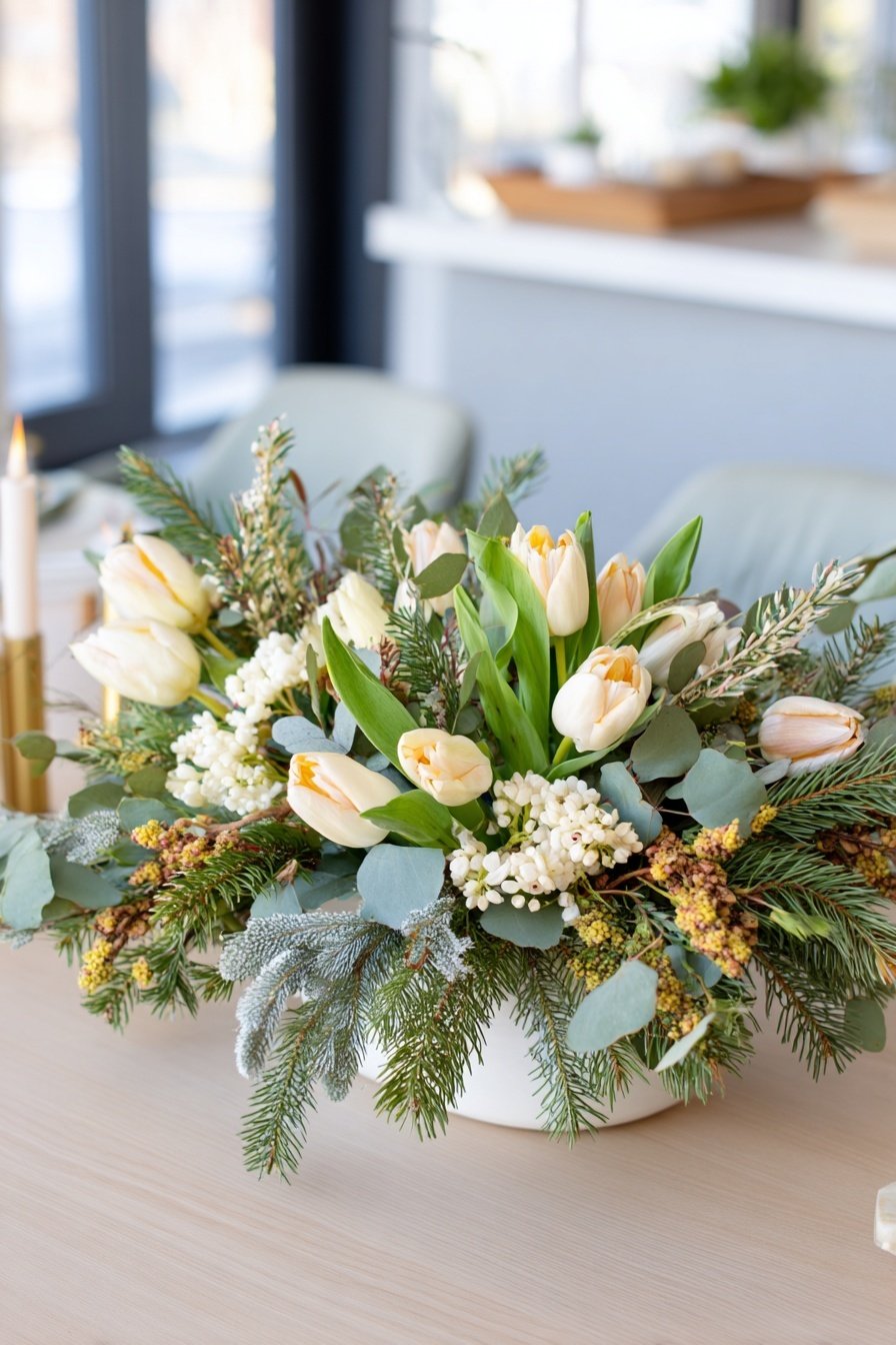 Blumengesteck mit Tulpen, Tannenzweigen und Eukalyptus auf einem hellen Tisch