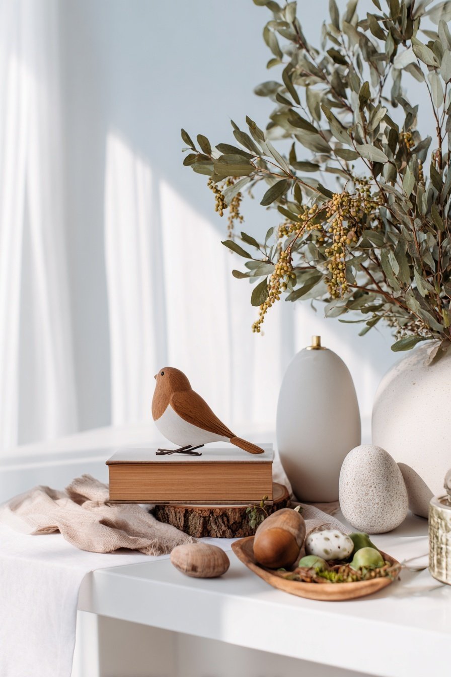Deko mit Holzvogel, Trockenblumen und Naturmaterialien auf weißem Tisch