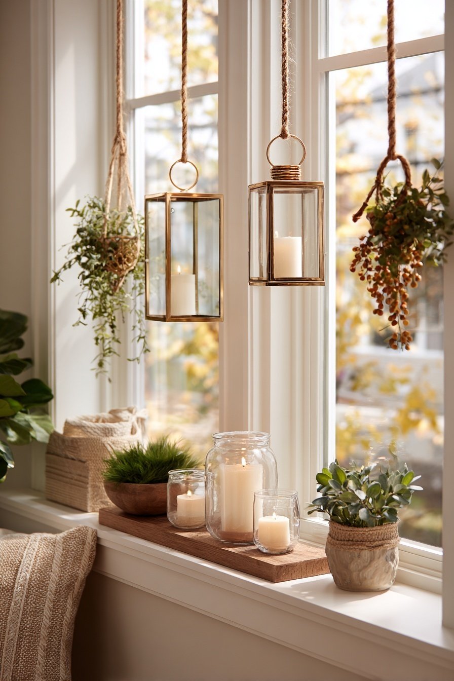 Gemütliche Fensterbank mit Kerzen, Pflanzen und hängenden Laternen
