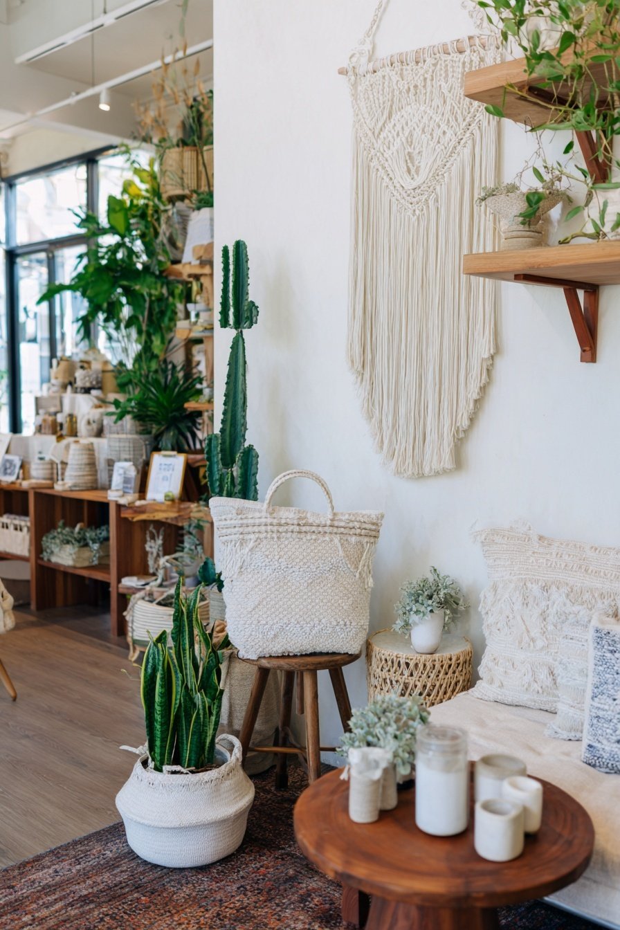 Helle, natürliche Wohnaccessoires mit Pflanzen und Makramee-Wanddeko
