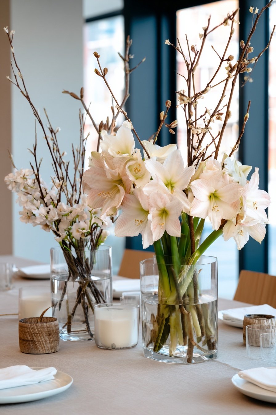 Frühlingshafte Tischdekoration mit Amaryllis, Zweigen und Kerzen in Glasgefäßen