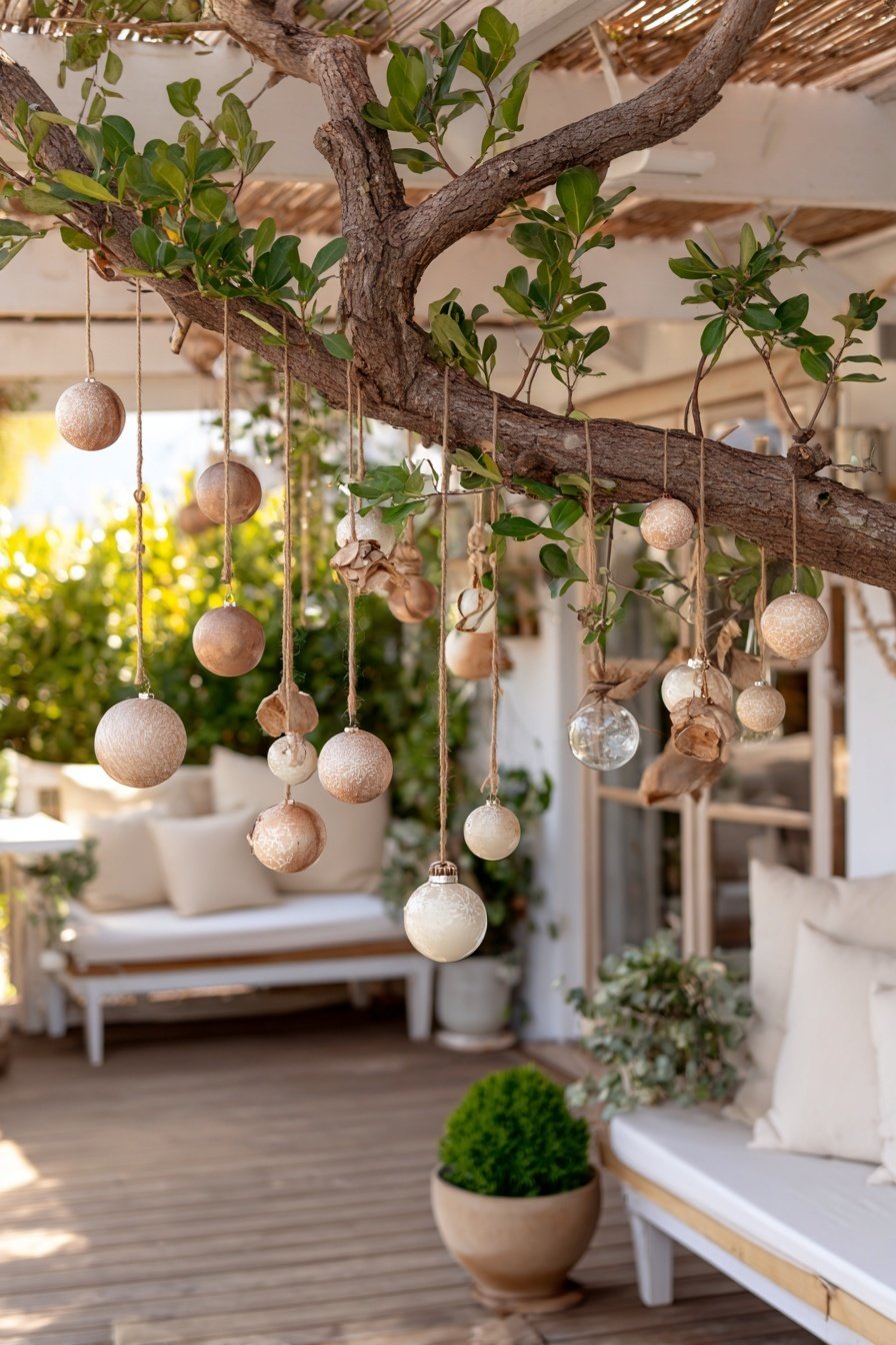 Natürliche Dekoration mit neutralen Kugeln, die an Ästen über einer Terrasse hängen