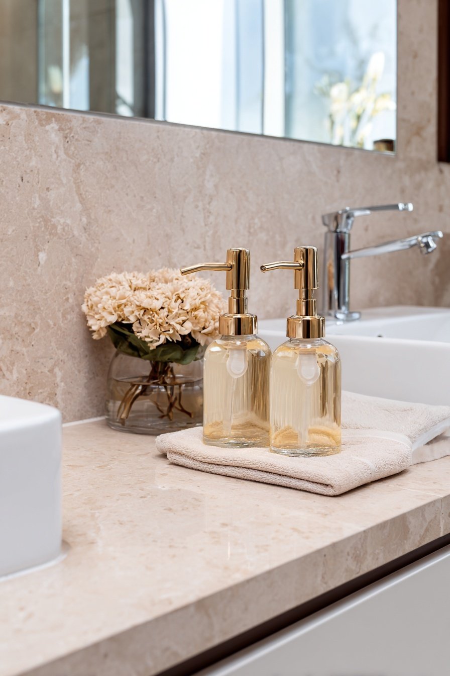 Beigefarbene Badezimmeroberfläche mit Glas-Seifenspendern, Handtuch und Trockenblumen
