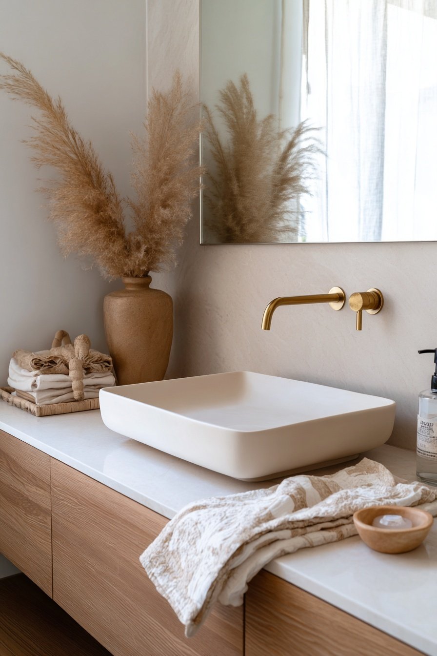 Waschtisch in Beige mit goldener Armatur, Holzdetails und Pampasgras-Deko