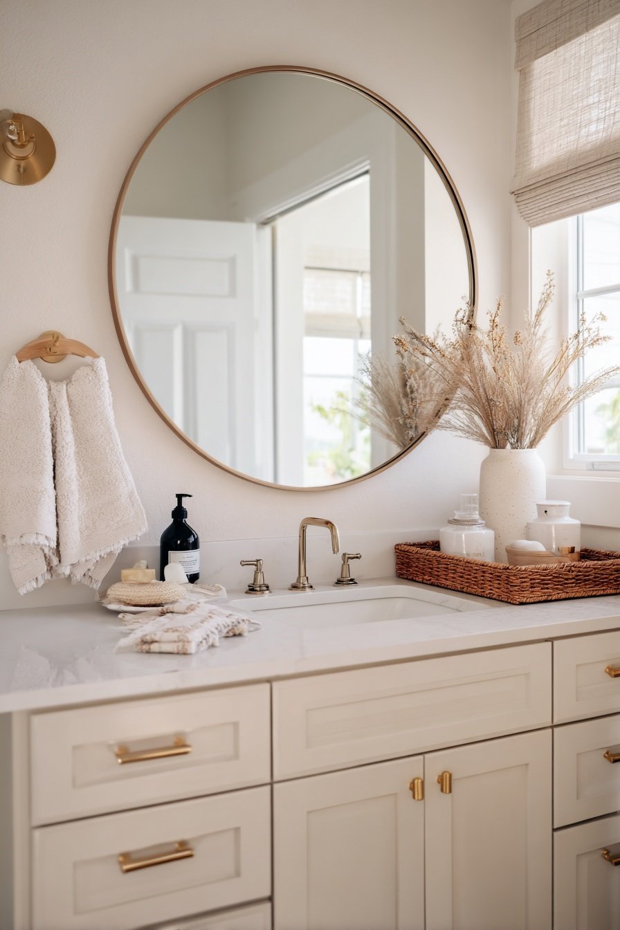 Beige gestaltetes Gäste-WC mit rundem Spiegel, Trockenblumen, Korbtablett und goldenen Details