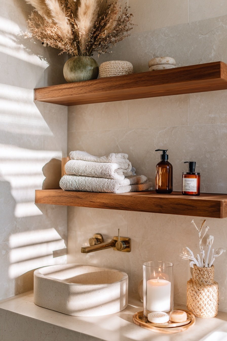 Waschbecken im Gäste-WC mit beiger Steinoberfläche, Holzregalen und dekorativen Accessoires