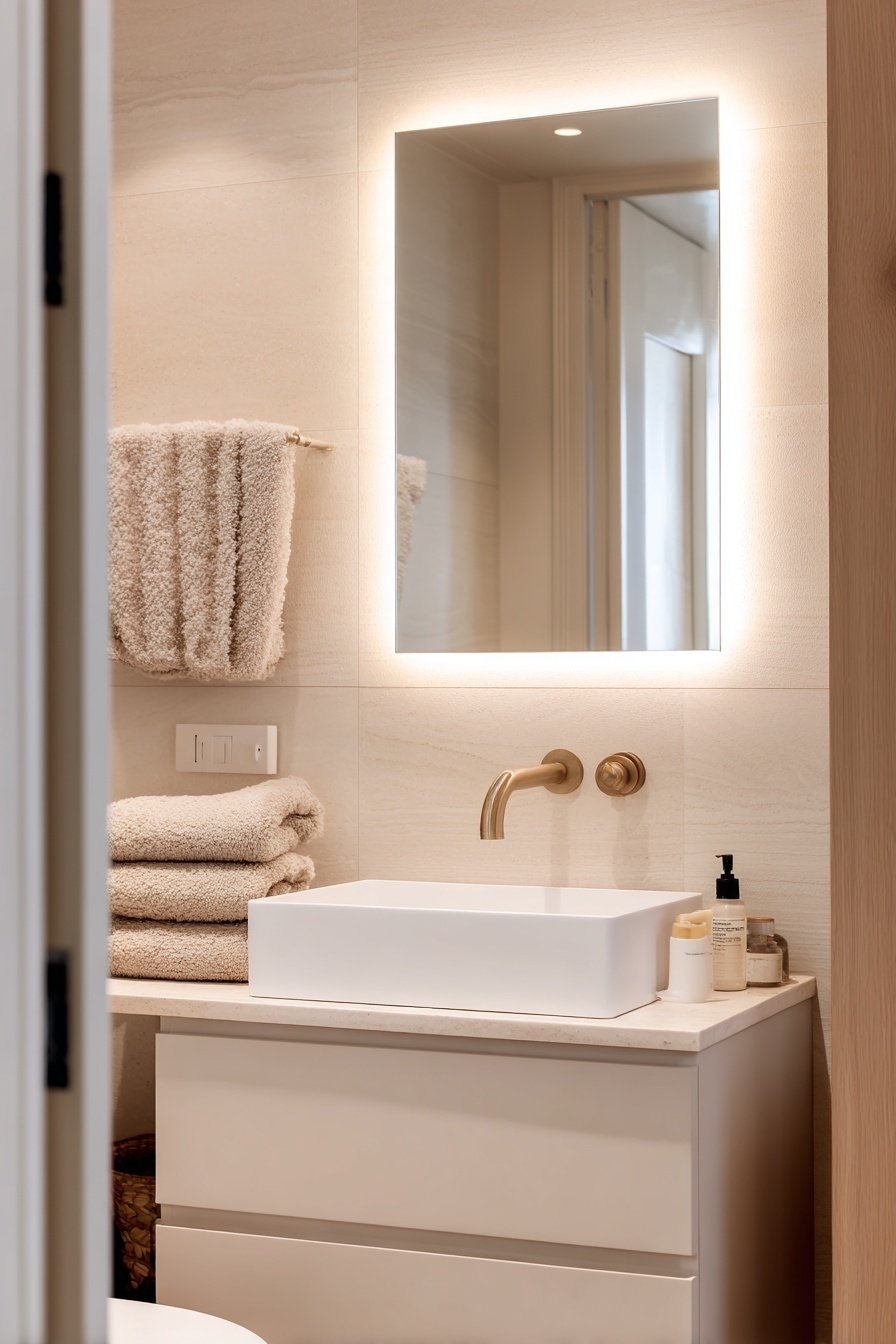 Modernes Gäste-WC in Beige mit weißen Badmöbeln, goldener Armatur und indirekter Beleuchtung