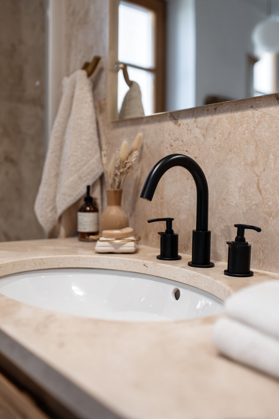 Waschbecken mit beiger Steinplatte und schwarzer Armatur im modernen Gäste-WC
