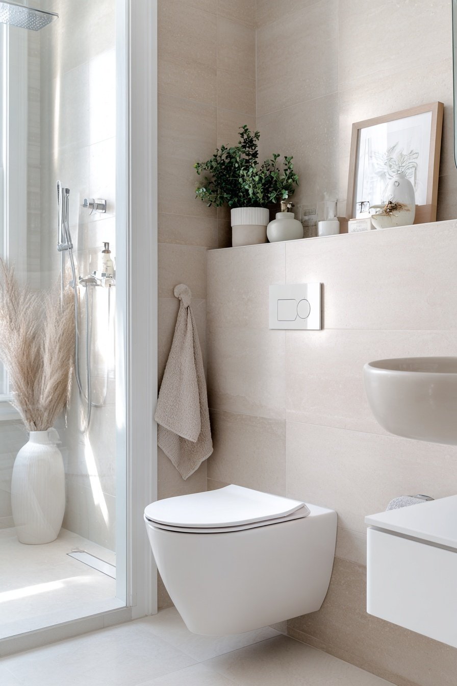 Modernes Gäste-WC mit beigen Fliesen, Hänge-WC, Pflanzen und Dekorationsobjekten