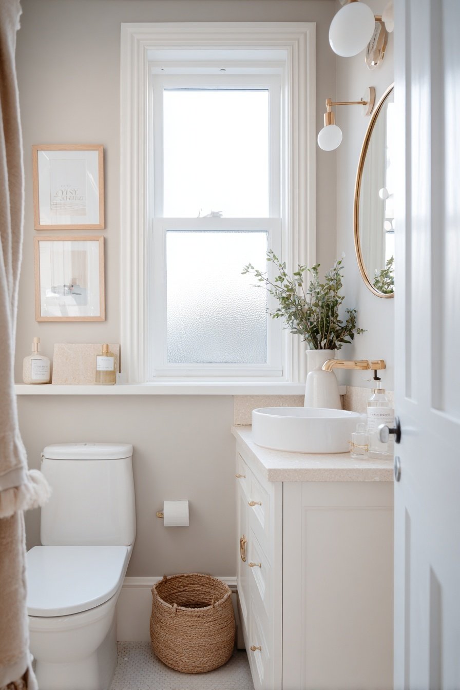 Helles Gäste WC in Beige mit weißem Waschtisch, goldenen Akzenten und natürlicher Dekoration