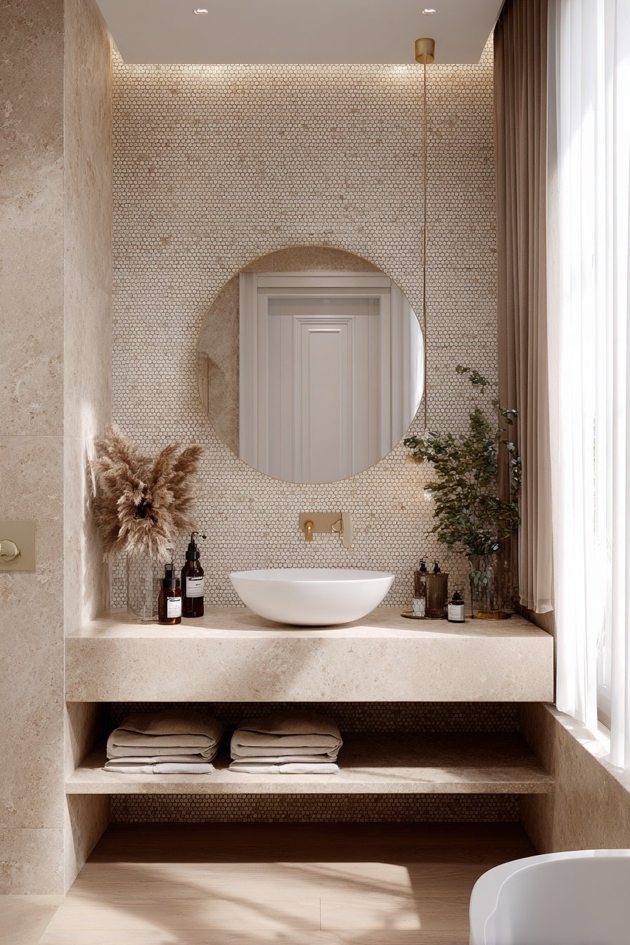 Beiges Gäste-WC mit Naturstein, Rundspiegel und stilvoller Deko