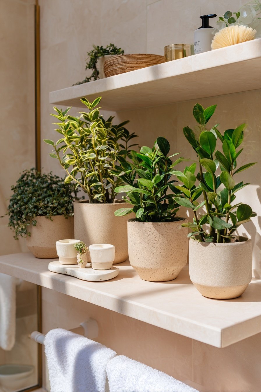 Mehrere grüne Zimmerpflanzen in beigen Töpfen auf einem hellen Badezimmerregal