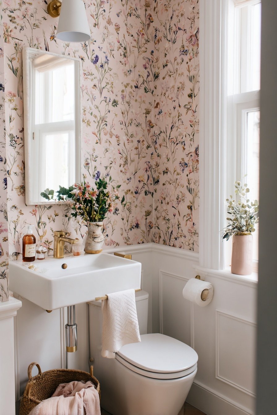 Gäste-WC mit floral gemusterter Tapete, Blumenvasen und goldenen Armaturen