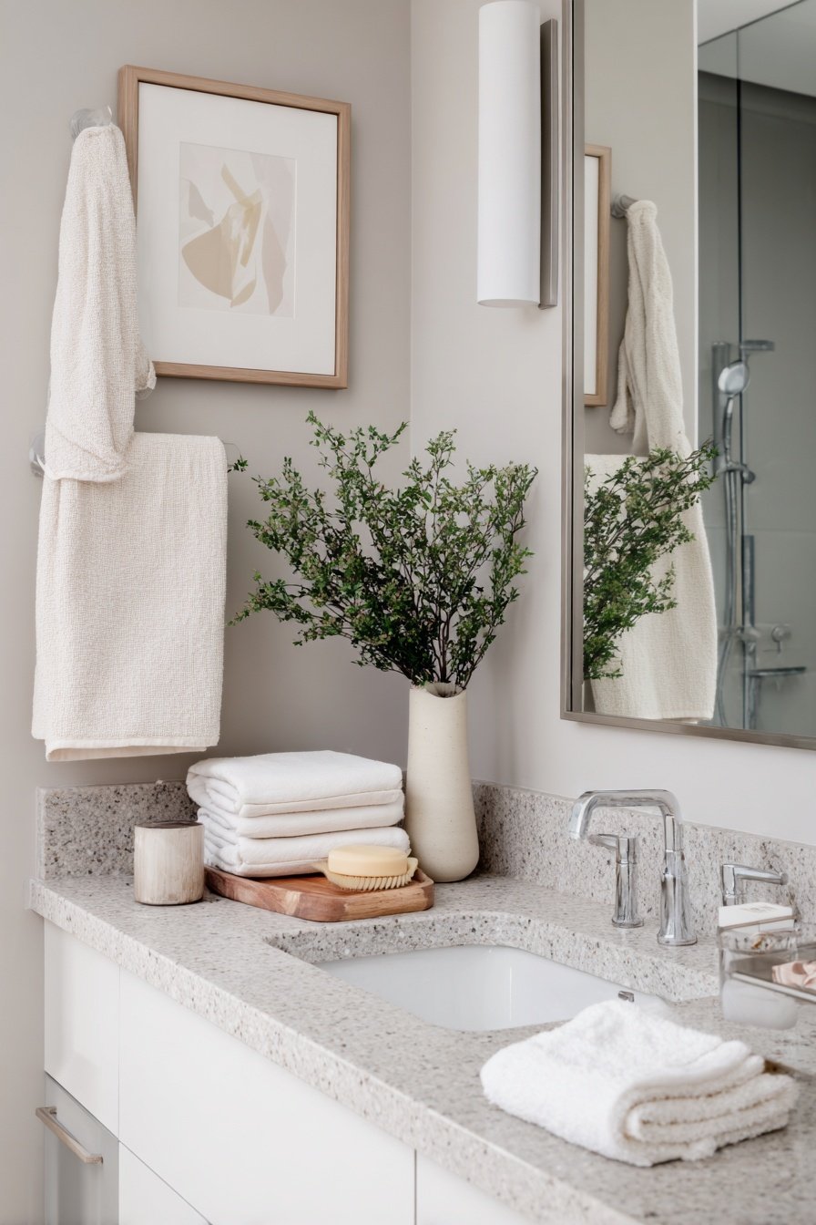 Modernes Gäste-WC mit beige Farbgestaltung, minimalistischem Bild, weißen Handtüchern und frischer Vase mit Grünpflanze