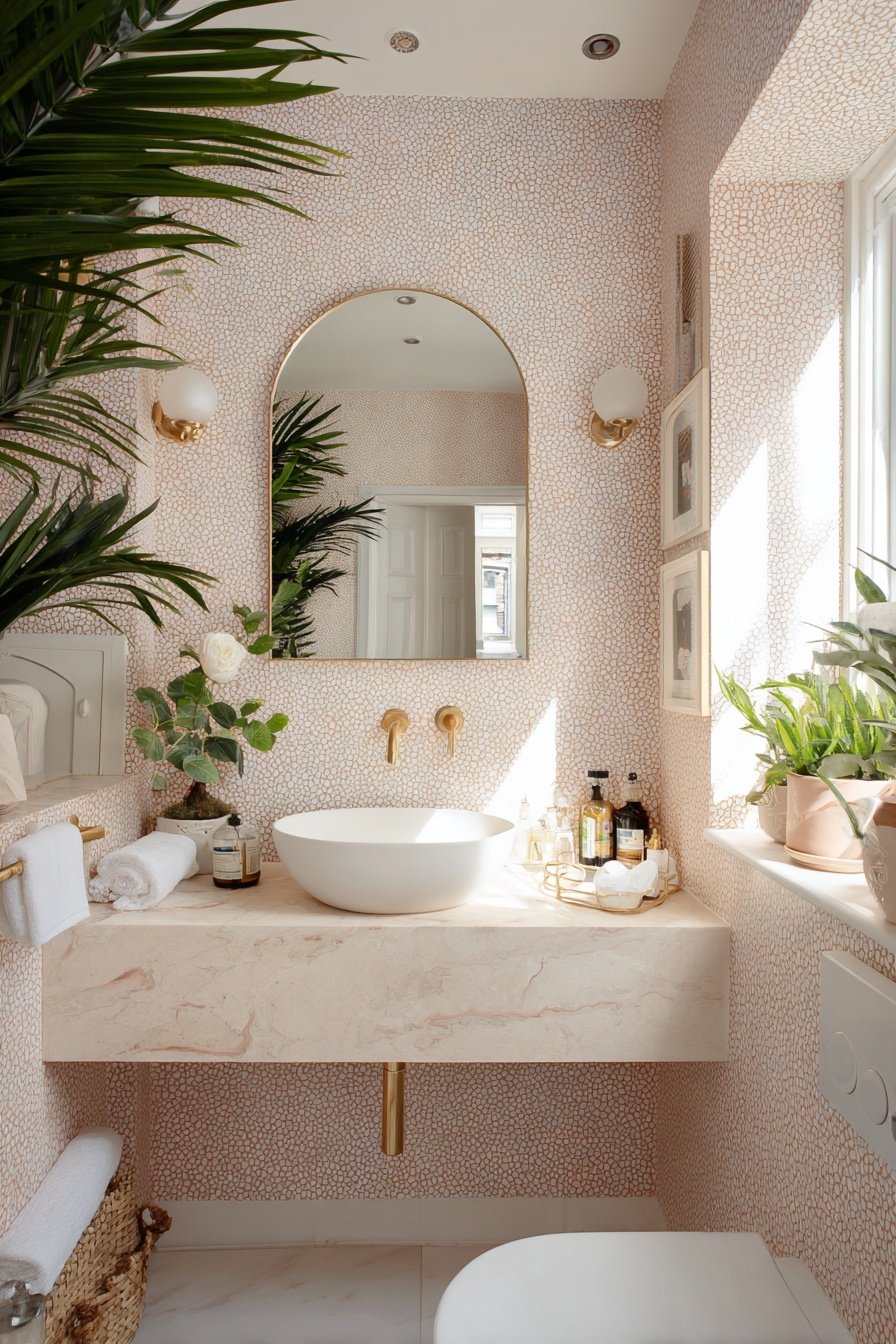 Stilvolles Gäste-WC mit runder Spiegel, goldenen Armaturen, Naturstein-Waschbecken und vielen grünen Pflanzen