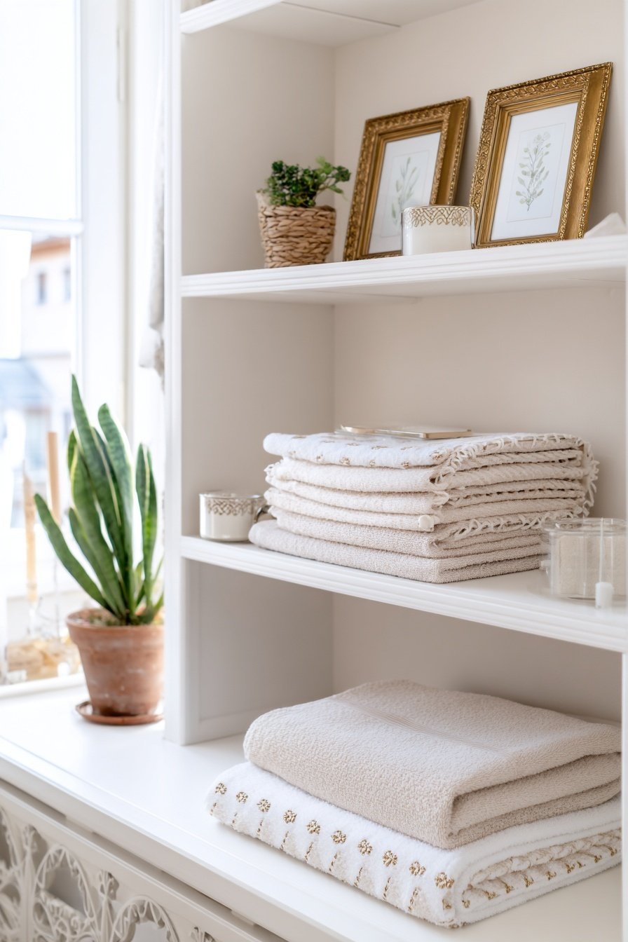 Gefaltete Handtücher, Pflanze im Tontopf und Bilderrahmen mit botanischen Motiven in einem weißen Regal