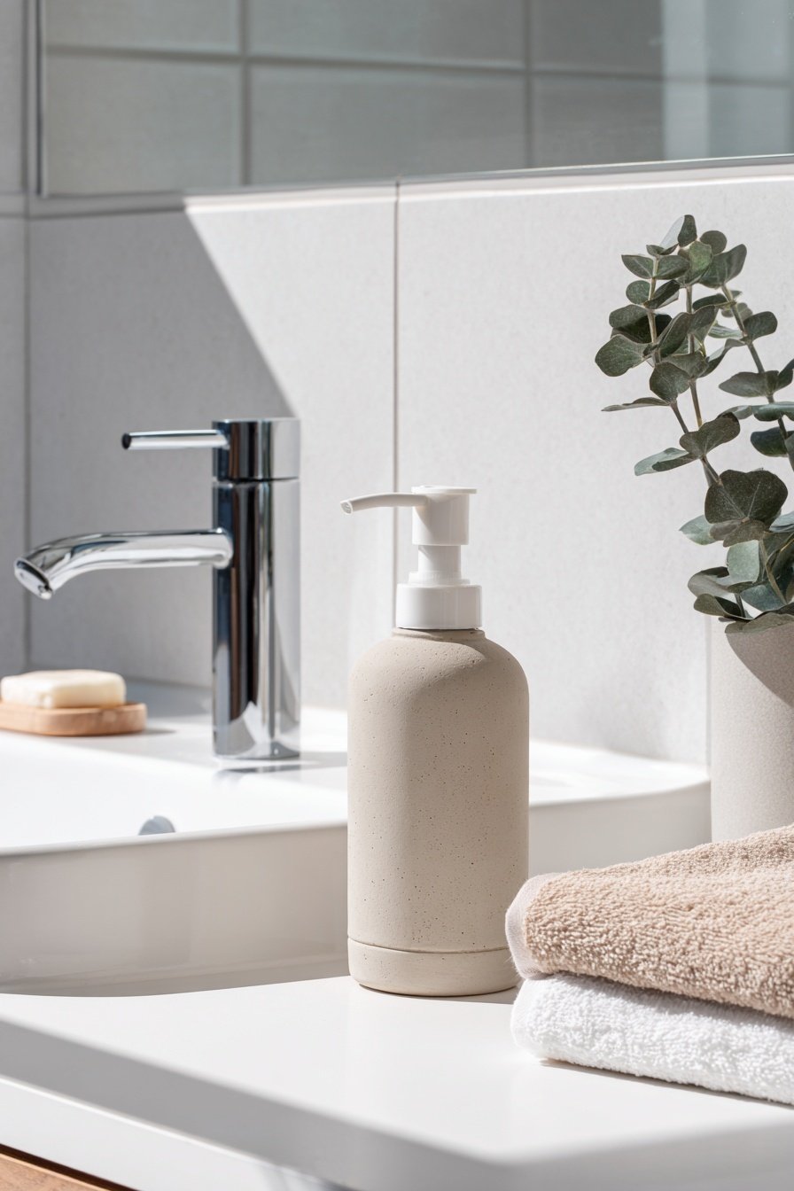 Minimalistisch eingerichtetes Gäste-WC mit Seifenspender, Handtüchern und Eukalyptus