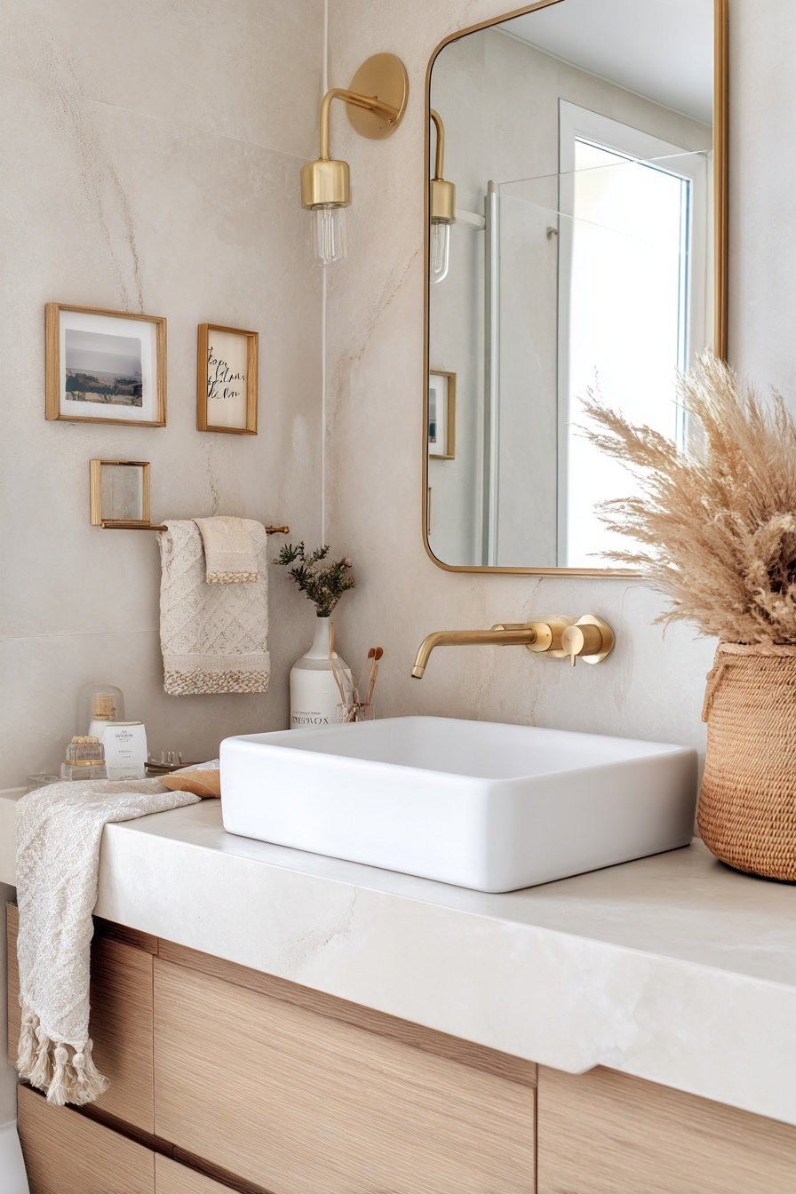 Modernes Gäste-WC mit goldenen Akzenten, Wandbildern und Trockenblumen