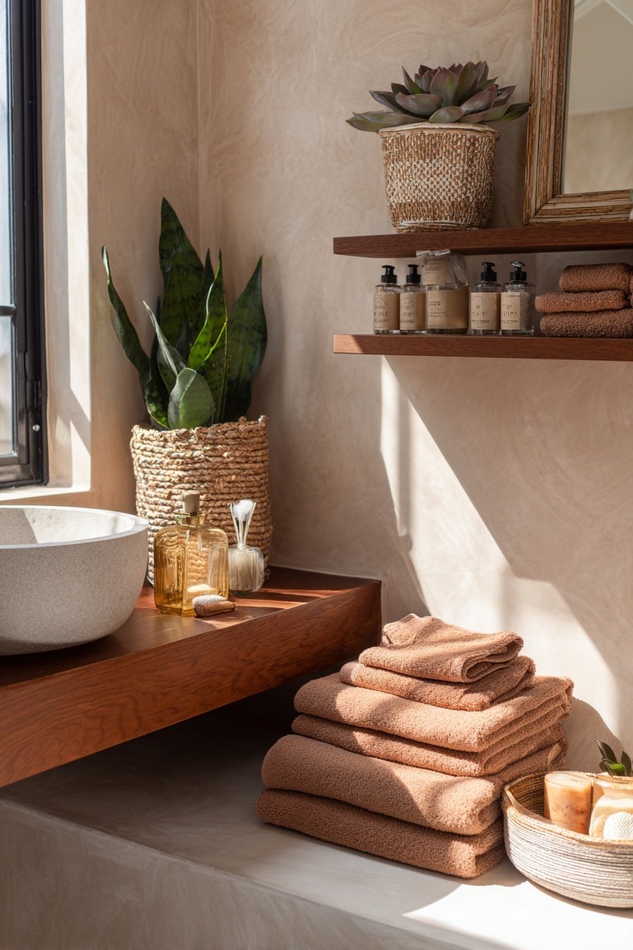 Modernes Gäste-WC mit Naturdeko, braunen Handtüchern und Pflanzen