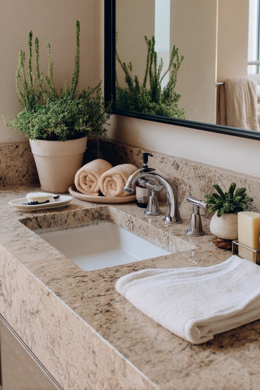 Blick auf ein Gäste-WC mit Stein-Waschtisch, Pflanzen und gerollten Handtüchern
