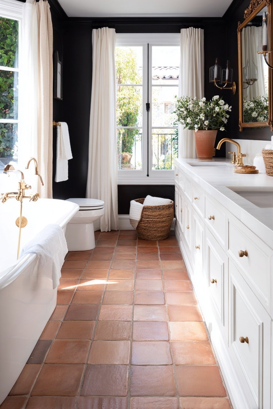 Elegantes Gäste-WC mit dunklen Wänden, Terrakotta-Boden, goldenen Armaturen und weißer Einrichtung