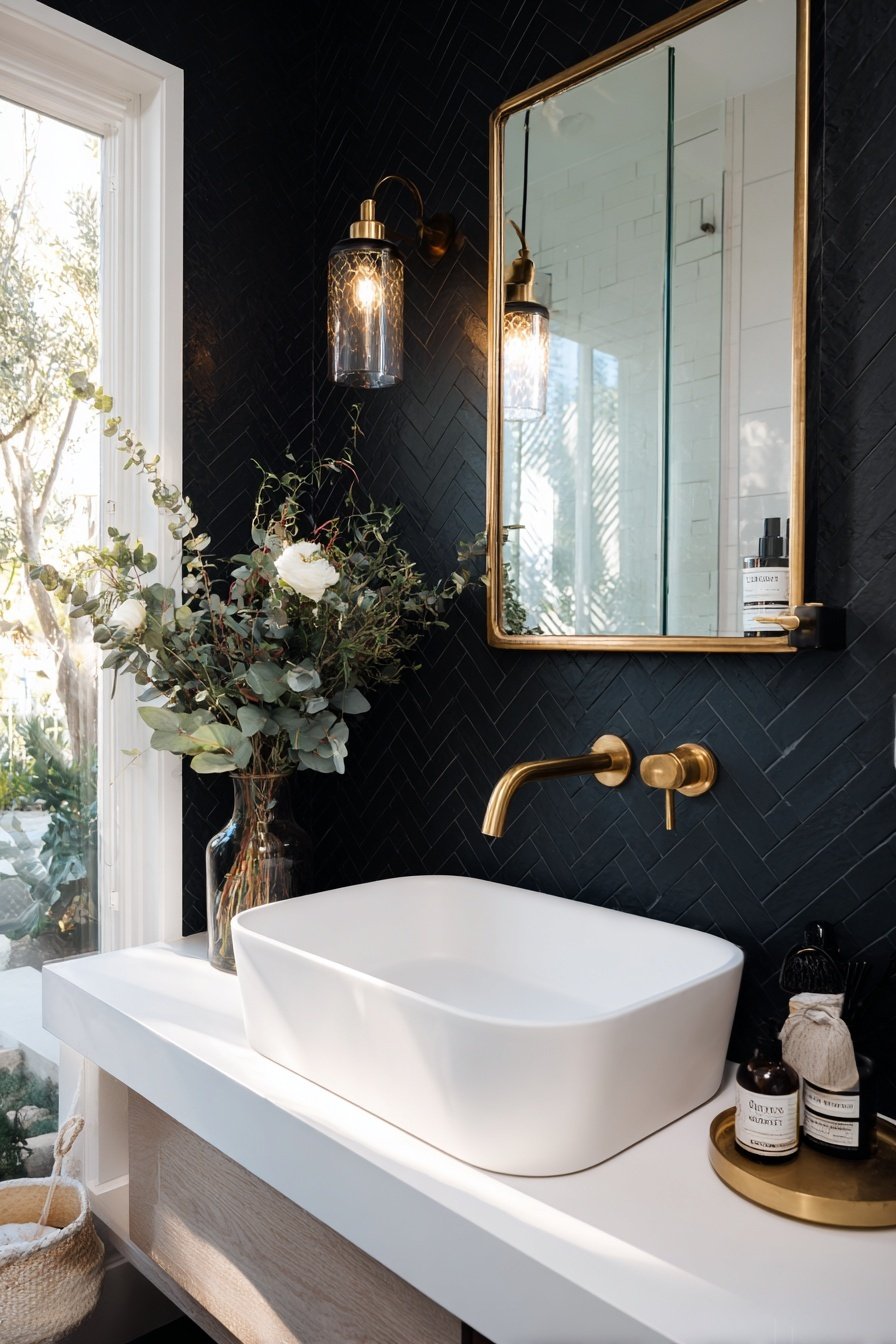 Modernes Gäste-WC mit schwarzer Wand, goldener Armatur und weißem Waschbecken