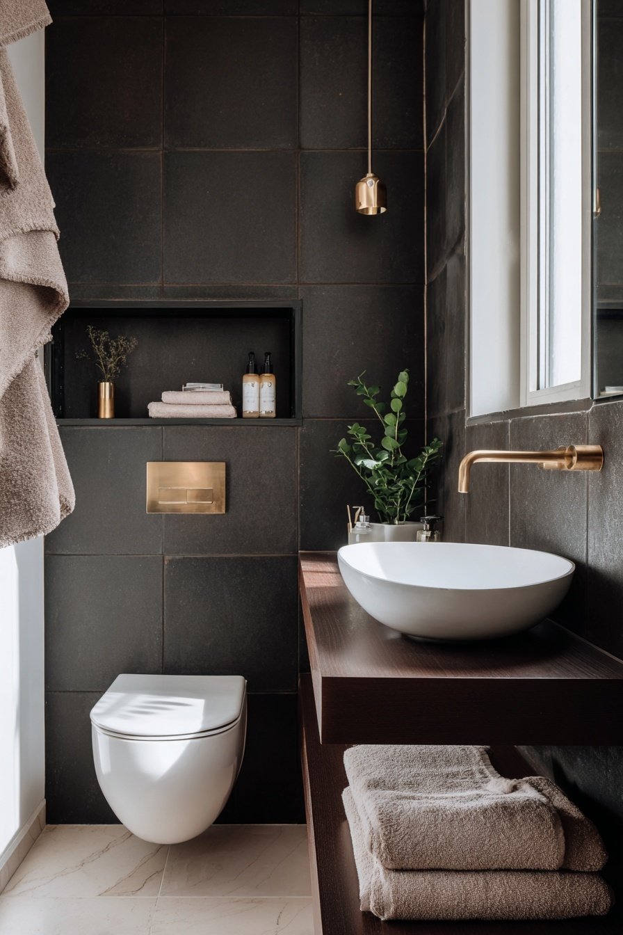 Kompaktes Gäste-WC mit dunklen Fliesen, goldenen Armaturen und offener Holzkonsole