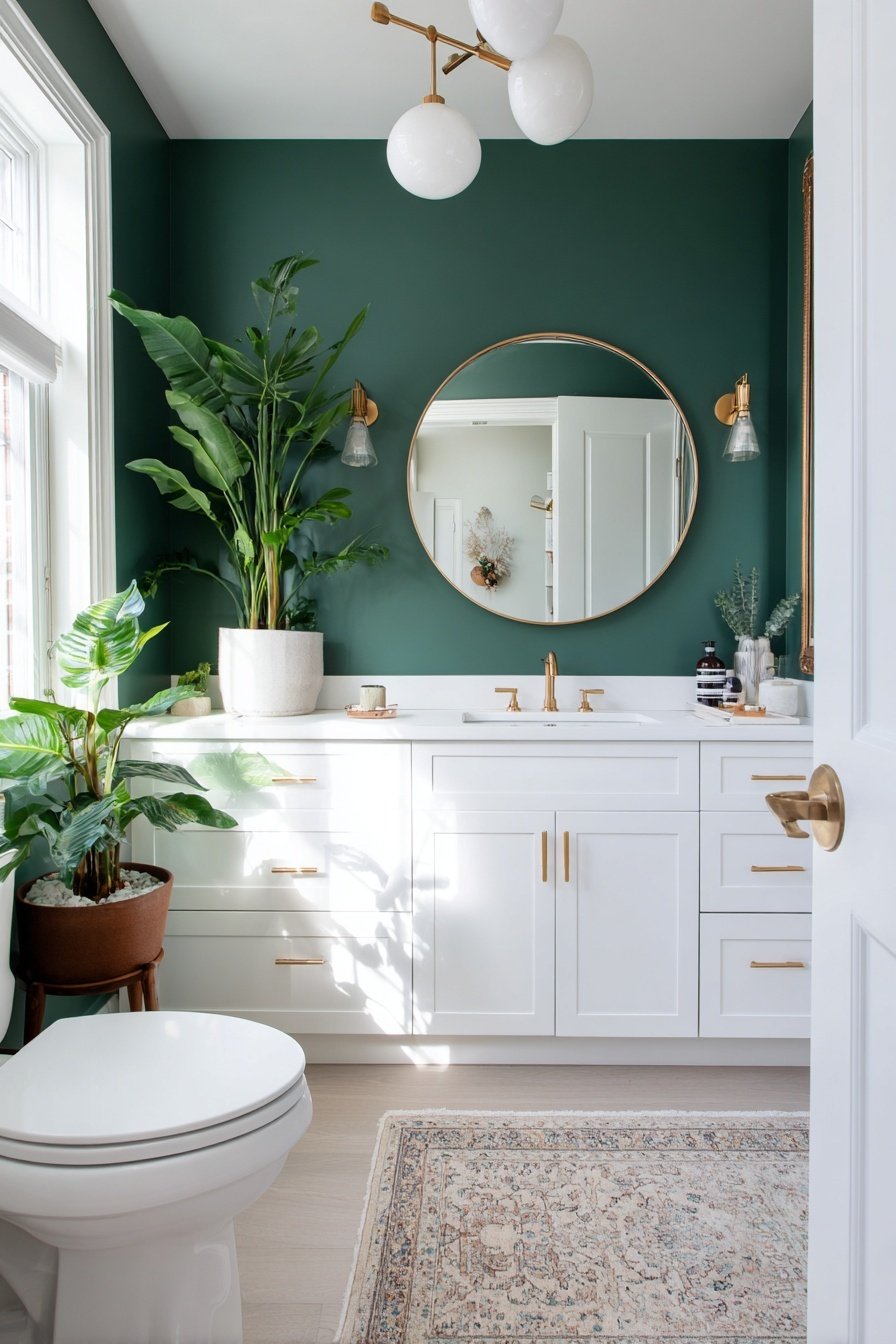 Modernes Gäste-WC mit dunkelgrüner Wand, goldenen Akzenten und weißen Möbeln